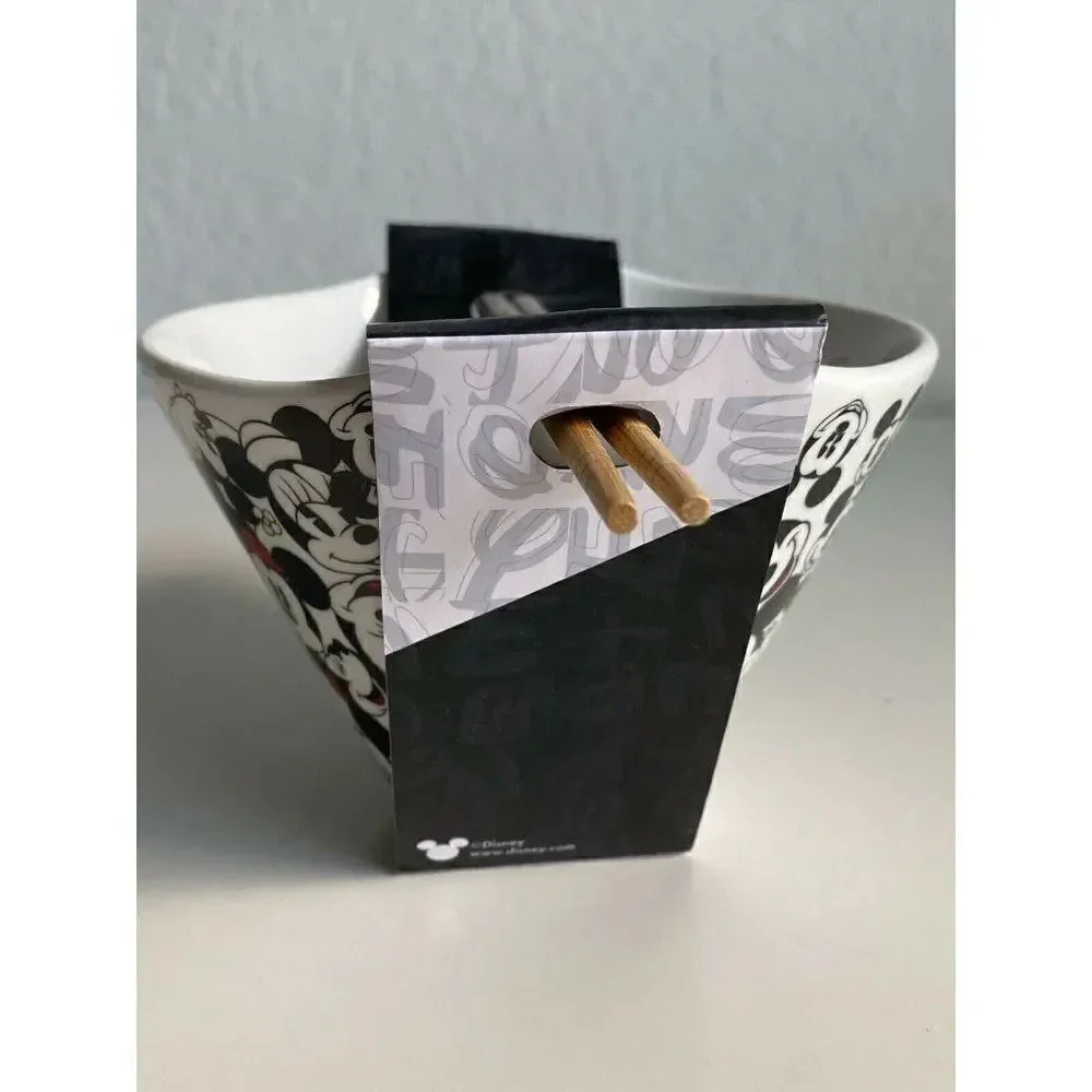 Disney Mickey & Minnie Mouse Faces All Over Ramen‎ Bowl With Chopsticks NEW